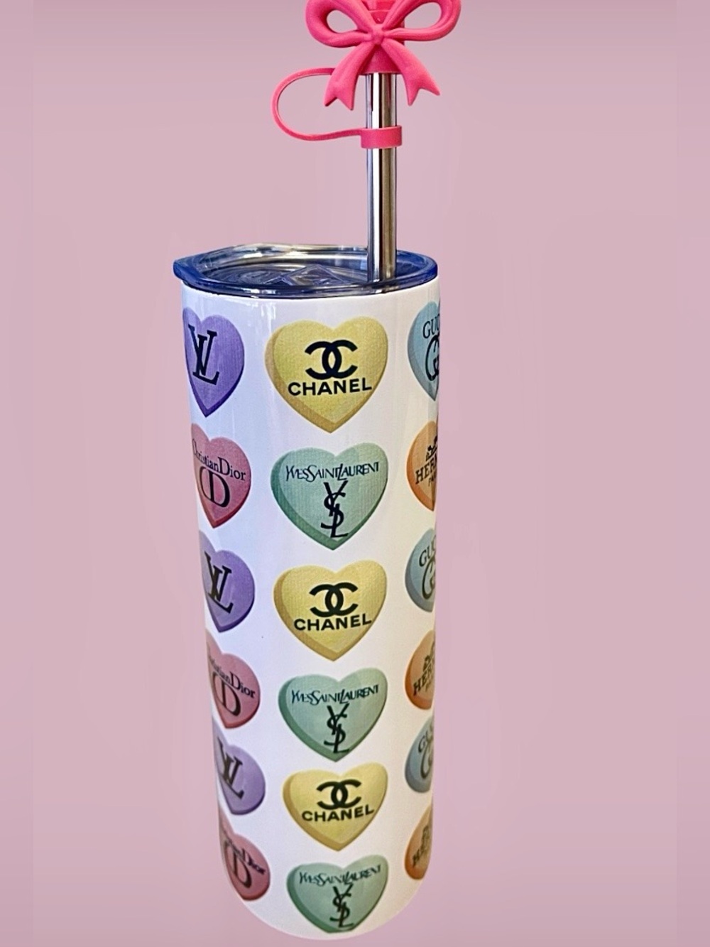 Tumbler New Insulated SS Hot/Cold Multi color hearts on white/SS Straw BowTopper